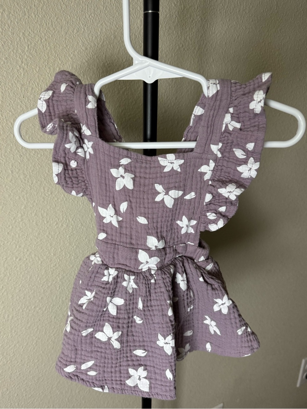 Purple Floral Ruffle Baby Romper with White Flowers